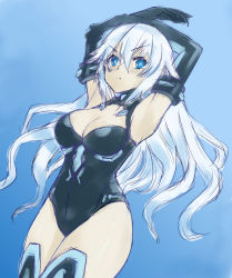 Rule 34 | 1girl, armpits, black heart (neptunia), blue background, blue eyes, blush, bodysuit, breasts, cleavage, elbow gloves, gloves, gradient background, highres, kow0117 (artist), large breasts, long hair, looking at viewer, neptune (series), noire (neptunia), sketch, sleeved gloves, solo, staring, thighhighs, thighs, tsundere, very long hair, white hair