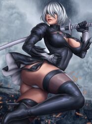 Rule 34 | 1girl, 2b (nier:automata), absurdres, ass, boots, breasts, city, cleavage, feet, flowerxl, gloves, grabbing, high heel boots, high heels, highres, large breasts, nier, nier:automata, nier (series), panties, platinum hair, rain, solo, square enix, sword, thighhighs, underwear, weapon