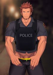 Rule 34 | 1boy, absurdres, alternate costume, bara, blue eyes, brown hair, facial hair, fate/grand order, fate (series), goatee, highres, large pectorals, long sideburns, looking at viewer, male focus, mikicat, muscular, napoleon bonaparte (fate), pants, pectorals, penis, penis peek, police, police uniform, short sleeves, sideburns, simple background, solo, undressing, uniform