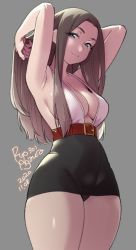 Rule 34 | 1girl, 2020, agawa ryou, armpits, breasts, brown hair, cleavage, commentary, dated, grey background, large breasts, long hair, looking at viewer, original, panties, pantyshot, simple background, solo, thick thighs, thighs, underwear