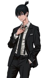 Rule 34 | 1boy, :|, black hair, black jacket, black necktie, black pants, black suit, blue eyes, breast pocket, buttoned cuffs, buttons, chainsaw man, closed mouth, collared shirt, cowboy shot, earrings, expressionless, formal, hair between eyes, hand in pocket, hand on own chest, hayakawa aki, highres, jacket, jewelry, legs apart, long bangs, long sleeves, looking ahead, male focus, multiple rings, necktie, open clothes, open jacket, pants, pocket, ring, shiren (ourboy83), shirt, shirt tucked in, short hair, sidelocks, simple background, solo, stud earrings, suit, suspenders, updo, white background, white shirt
