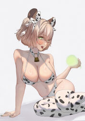 1girl absurdres animal_ears animal_print arm_support bell bikini blush breasts choker cow_ears cow_print cow_print_bikini cow_print_thighhighs fake_animal_ears green_eyes grey_hair highres indie_virtual_youtuber large_breasts navel neck_bell nimi_nightmare print_bikini print_thighhighs satoki simple_background solo swimsuit tapir_ears tapir_girl thighhighs tongue tongue_out virtual_youtuber white_background