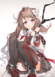 Rule 34 | 1girl, absurdres, animal ears, arknights, black footwear, black thighhighs, blush, brown hair, closed mouth, clothes between thighs, curled horns, eyjafjalla (arknights), fur-trimmed skirt, fur trim, garter straps, goggles, unworn goggles, gradient background, highres, holding, holding staff, horns, jacket, karla (kimidori3), knees up, long hair, long sleeves, looking at viewer, mask, mask around neck, miniskirt, purple eyes, red ribbon, ribbon, sheep ears, sheep horns, sitting, skirt, smile, solo, staff, thighhighs, very long hair, white background, white jacket