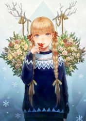 Rule 34 | 1girl, animal ears, arm at side, bad id, bad pixiv id, berry, blonde hair, blue eyes, blue sweater, braid, commentary, fake animal ears, fake antlers, flower, flower request, hair ornament, hair over shoulder, hand to own mouth, hand up, highres, holly hair ornament, horn ornament, horn ribbon, horns, lips, long hair, long sleeves, looking at viewer, nose, original, parted lips, pinecone, plant, pyramid (structure), ribbon, romiy, snowflakes, solo, sweater, tareme, twin braids, upper body