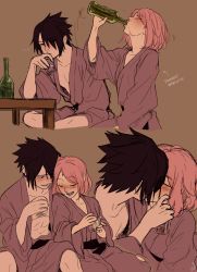 Rule 34 | ..., 1boy, 1girl, black hair, blush, bottle, ceejles, commentary, cup, drinking, drinking glass, drunk, english commentary, closed eyes, hair over one eye, haruno sakura, hetero, highres, holding, holding cup, implied kiss, japanese clothes, kimono, naruto, naruto (series), open mouth, pink hair, sake bottle, short hair, simple background, uchiha sasuke