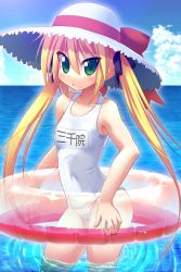 Rule 34 | 00s, 1girl, bad id, bad pixiv id, blonde hair, character name, cloud, day, green eyes, hair between eyes, hair ribbon, hat, hayate no gotoku!, holding, holding swim ring, hoppege, innertube, lens flare, long hair, looking at viewer, name tag, one-piece swimsuit, outdoors, ribbon, ripples, sanzen&#039;in nagi, school swimsuit, sky, solo, submerged, sun hat, swim ring, swimsuit, tsurime, very long hair, wading, white one-piece swimsuit, white school swimsuit