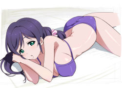 Rule 34 | 10s, 1girl, aqua eyes, bikini, breasts, female focus, gradient background, large breasts, long hair, looking at viewer, love live!, love live! school idol project, lying, on stomach, purple hair, scrunchie, sideboob, solo, swimsuit, tonbi, tojo nozomi, twintails