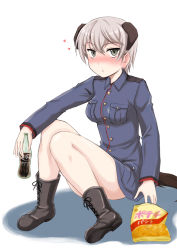 Rule 34 | 1girl, animal ears, black footwear, blush, boots, bottle, chips (food), coca-cola, cross-laced footwear, dog ears, dog tail, eating, food, green eyes, highres, holding, laura toth, looking at viewer, military, military uniform, no pants, potato chips, short hair, silver hair, sitting, solo, strike witches, strike witches: katayoku no majo-tachi, tail, uniform, wan&#039;yan aguda, world witches series