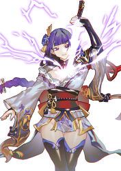 Rule 34 | 1girl, absurdres, armor, black thighhighs, braid, breasts, bridal gauntlets, cleavage, coattails, commentary request, electricity, floral print, flower, genshin impact, hair ornament, highres, holding, holding sword, holding weapon, human scabbard, japanese clothes, kimono, large breasts, long hair, long sleeves, looking at viewer, mitsudomoe (shape), nail polish, obi, obiage, obijime, purple eyes, purple flower, purple hair, purple nails, purple thighhighs, raiden shogun, renxzd, ribbon, sash, shoulder armor, simple background, solo, sword, tassel, thighhighs, tomoe (symbol), weapon, white background, wide sleeves