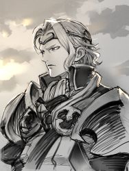 Rule 34 | 1boy, closed mouth, fire emblem, fire emblem fates, greyscale, looking to the side, male focus, medium hair, monochrome, nintendo, parted bangs, solo, uboar, upper body, xander (fire emblem)