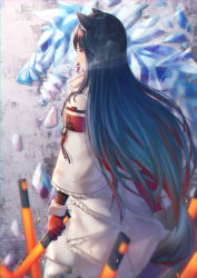 Rule 34 | 1girl, absurdres, animal ear fluff, animal ears, arknights, black hair, cigarette, coat, gloves, highres, holding, holding cigarette, holding weapon, long hair, long sleeves, looking to the side, official alternate costume, red gloves, smoke, smoking, solo, standing, straight hair, tail, takechii, texas (arknights), texas (winter messenger) (arknights), weapon, white coat, white wristband, wide sleeves, wolf ears, wolf tail, wristband, yellow eyes