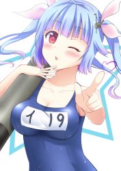 Rule 34 | 10s, 1girl, blue hair, blush, breasts, collarbone, dripping, hair ribbon, heart, highres, i-19 (kancolle), kantai collection, large breasts, long hair, looking at viewer, name tag, ohiya, one-piece swimsuit, one eye closed, open mouth, pointing, pointing at viewer, red eyes, ribbon, school swimsuit, simple background, solo, star-shaped pupils, star (symbol), swimsuit, symbol-shaped pupils, torpedo, tri tails, upper body, wet, wet clothes, wet swimsuit, white background