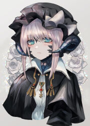 Rule 34 | 1girl, absurdres, au ra, black horns, black scales, blonde hair, blue eyes, blush, bow, collared shirt, commentary request, dragon girl, dragon horns, final fantasy, final fantasy xiv, flower, hat, hat bow, highres, horn ornament, horns, looking at viewer, maho moco, medium hair, mob cap, rose, scales, shirt, sidelocks, simple background, solo, warrior of light (ff14), white bow, white flower, white rose