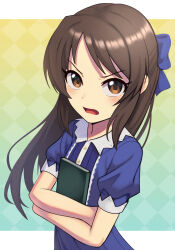 Rule 34 | 1girl, absurdres, annoyed, blue bow, blue dress, book, bow, brown eyes, brown hair, dress, hair bow, highres, hugging object, idolmaster, idolmaster cinderella girls, idolmaster cinderella girls u149, light blush, long hair, looking at viewer, open mouth, short sleeves, silverchariotx, simple background, solo, tachibana arisu, upper body