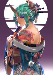 Rule 34 | 1girl, alternate hairstyle, arknights, bare shoulders, commentary, floral print, folding fan, green hair, hair ornament, hair stick, half-closed eyes, hand fan, highres, holding, holding fan, horns, hoshiguma (arknights), japanese clothes, kimono, lipstick, makeup, nail polish, obi, off shoulder, one eye closed, purple background, red lips, ryopie, sash, shoulder tattoo, sidelocks, single horn, solo, tattoo, upper body