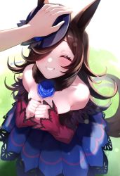 Rule 34 | 1girl, ^ ^, absurdres, animal ears, bare shoulders, black hair, blue dress, blue flower, blue headwear, blue rose, blush, breasts, closed eyes, dress, facing viewer, flower, hair over one eye, hands up, hat, hat flower, headpat, highres, horse ears, horse girl, horse tail, long hair, long sleeves, off-shoulder dress, off shoulder, out of frame, parted lips, rice shower (umamusume), rose, sleeves past wrists, small breasts, smile, solo focus, tail, tilted headwear, twitter username, umamusume, very long hair, yayoi maka