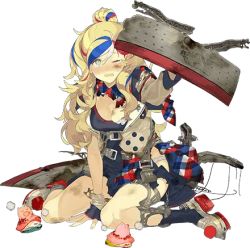 Rule 34 | 10s, 1girl, akira (kadokawa), beret, black skirt, black socks, blonde hair, blue eyes, blue hair, breasts, buttons, cleavage, closed mouth, commandant teste (kancolle), crane (machine), double-breasted, full body, hair ornament, hairclip, hat, jacket, kantai collection, long hair, long sleeves, lowres, machinery, medium breasts, multicolored hair, official art, plaid, plaid scarf, red hair, sailor collar, scarf, shoes, skirt, smile, socks, solo, standing, streaked hair, swept bangs, torn clothes, transparent background, white hair, white hat, white jacket