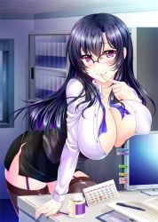 Rule 34 | 1girl, bent over, black thighhighs, blue hair, blush, breast rest, breasts, cleavage, collarbone, computer, desk, female focus, garter straps, glasses, huge breasts, lingerie, long hair, looking at viewer, matsunami rumi, mature female, miniskirt, no bra, office, office lady, open clothes, open shirt, original, purple eyes, shirt, side slit, skirt, solo, standing, thighhighs, thighs, underwear