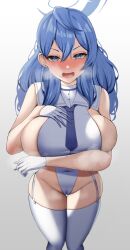 Rule 34 | 1girl, absurdres, ako (blue archive), blue archive, blue eyes, blue hair, blush, breasts, cameltoe, hair between eyes, halo, highres, huge breasts, leotard, long hair, looking at viewer, necktie, open mouth, sailor collar, sideboob, simple background, solo, steam, thick thighs, thigh gap, thighhighs, thighs, tomi27
