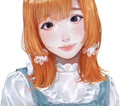Rule 34 | 1girl, absurdres, black eyes, blue dress, close-up, closed mouth, dress, earrings, head tilt, highres, jewelry, looking at viewer, orange hair, original, portrait, shirt, simple background, smile, solo, tsunko (9v2 q), white background, white shirt