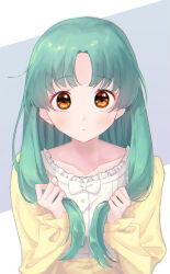 Rule 34 | 1girl, 2 yayoi 4, alternate hairstyle, blush, breasts, brown eyes, closed mouth, collarbone, dot nose, green hair, grey background, hands up, highres, holding, holding hair, idolmaster, idolmaster million live!, idolmaster million live! theater days, long sleeves, looking at viewer, medium breasts, pajamas, parted bangs, ribbon, simple background, solo, tokugawa matsuri, two-tone background, white background, white ribbon, yellow pajamas