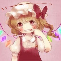 Rule 34 | 1girl, bad id, bad pixiv id, blonde hair, blush, crystal, dress, finger in own mouth, flandre scarlet, hand in mouth, hat, looking at viewer, mob cap, ponytail, red dress, red eyes, ribbon, shirt, short hair, short hair with long locks, side ponytail, simple background, solo, touhou, underwear, wings, yujup