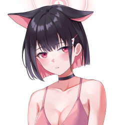 1girl animal_ears bare_shoulders black_choker black_hair blue_archive blush bob_cut bra breasts cat_ears choker cleavage collarbone colored_inner_hair commentary extra_ears eyelashes hair_behind_ear hair_ornament hairclip halo highres kazusa_(blue_archive) large_breasts looking_at_viewer multicolored_hair noomaru_(nomorepeople) parted_lips pink_bra pink_hair pink_halo red_eyes short_hair simple_background solo straight_hair tsurime underwear white_background