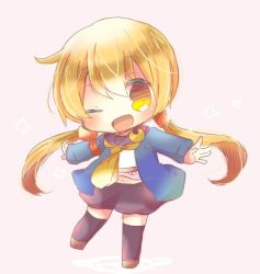 Rule 34 | 10s, 1girl, belt, black legwear, black skirt, blonde hair, blue jacket, chibi, crescent, crescent hair ornament, crescent pin, full body, hair ornament, jacket, kantai collection, kou hiyoyo, long hair, long sleeves, looking at viewer, low twintails, neckerchief, necktie, one eye closed, open mouth, satsuki (kancolle), satsuki kai ni (kancolle), school uniform, serafuku, skirt, solo, twintails, yellow necktie