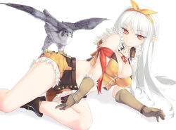 Rule 34 | 1girl, bare shoulders, bird, boots, breasts, character request, cleavage, falcon, fingerless gloves, gloves, hair ribbon, large breasts, long hair, looking at viewer, lying, midriff, on side, pointy ears, ragnarok online, red eyes, revision, ribbon, rokuwata tomoe, shorts, silver hair, simple background, smile, sniper (ragnarok online), solo, white background
