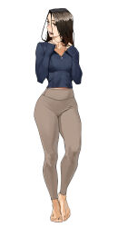 Rule 34 | 1girl, absurdres, barefoot, blue shirt, breasts, brown eyes, brown hair, commentary, english commentary, feet, full body, grey pants, hair between eyes, hands up, high-waist pants, highres, holding, holding own hair, long hair, long sleeves, looking to the side, midriff peek, open mouth, original, pants, shirt, simple background, sleeves past wrists, small breasts, solo, standing, tbocart, teeth, toes, tongue, turning head, white background, yoga pants, zipper, zipper pull tab