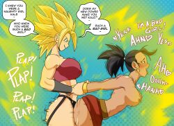 Rule 34 | 2girls, ahegao, arm held back, artist request, ass, ass focus, black hair, blonde hair, blue eyes, breasts, caulifla, dark-skinned female, dark skin, dildo, dragon ball, dragon ball super, female pervert, from side, fucked silly, highres, kale (dragon ball), large breasts, long hair, medium hair, multiple girls, nude, object insertion, pervert, ponytail, red skirt, sex, sex from behind, sex toy, skirt, sound effects, spiked hair, standing, standing sex, strap-on, strapless, super saiyan, text focus, tube top, yuri
