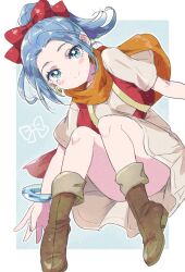 Rule 34 | 1girl, blue eyes, blue hair, blush, boots, bow, bracelet, breasts, closed mouth, dragon quest, dragon quest xi, dress, earrings, full body, hair bow, hoop earrings, jewelry, long hair, longdenkikettle, looking at viewer, maya (dq11), medium breasts, parted bangs, ponytail, red vest, sash, scarf, short eyebrows, short sleeves, smile, solo, vest