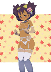 Rule 34 | 10s, 1girl, alternate hairstyle, bell, big hair, blush, bow, bow panties, bra, breastless clothes, breasts, choker, creatures (company), cupless bra, dark-skinned female, dark skin, elbow gloves, eyelashes, flower, frilled thighhighs, frills, game freak, garter belt, garter straps, gloves, gym leader, hair bell, hair flower, hair ornament, hair up, highres, iris (pokemon), lace, lace-trimmed bra, lace-trimmed legwear, lace-trimmed panties, lace trim, light areolae, lingerie, makoto daikichi, navel, nintendo, nipples, panties, pokemon, pokemon (anime), pokemon bw, pokemon bw (anime), purple hair, see-through, shelf bra, small breasts, solo, thighhighs, underwear, underwear only, white panties, white thighhighs