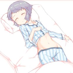 Rule 34 | 1girl, :&lt;, bed sheet, blue pajamas, closed eyes, commentary request, flat chest, hand on own chest, highres, idolmaster, idolmaster million live!, long sleeves, lying, makabe mizuki, navel, on bed, pajamas, pajamas lift, pillow, purple hair, short hair, sidelocks, sleeping, solo, stomach, sunfromwest, vertical-striped pajamas, white background