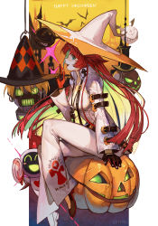 Rule 34 | 1girl, ankh necklace, aqua eyes, bat (animal), bodysuit, breasts, candy, colored inner hair, earrings, food, full body, gloves, green eyes, guilty gear, guilty gear strive, halloween, happy halloween, hat, hungry clicker, index finger raised, jack-o&#039;-lantern, jack-o&#039; valentine, jewelry, large breasts, large hat, lollipop, long hair, long sleeves, looking at viewer, minion (guilty gear), multicolored hair, open mouth, pumpkin, red hair, revision, robo-ky, sitting, smile, white bodysuit, white hair, white headwear, witch hat