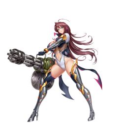 Rule 34 | 1girl, action taimanin, blue eyes, breasts, brown hair, cleavage, cleavage cutout, clothing cutout, curvy, drum magazine, full body, gatling gun, gun, highleg, highleg leotard, kagami hirotaka, leotard, lilith-soft, long hair, looking at viewer, machine gun, magazine (weapon), medium machine gun, minigun, multiple-barrel firearm, muzzle clamp, official art, revealing clothes, rotary machine gun, shiny skin, simple background, solo, suou mikoto (action taimanin), taimanin (series), taimanin rpgx, thong leotard, weapon, wide hips