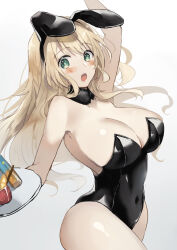 Rule 34 | 1girl, animal ears, atago (kancolle), black collar, black leotard, breasts, cleavage, collar, commentary request, covered navel, cowboy shot, detached collar, gradient background, green eyes, hatomaru (hatomaru56), highres, kantai collection, large breasts, leotard, long hair, playboy bunny, rabbit ears, solo, strapless, strapless leotard, tray, white background, wrist cuffs