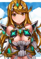 Rule 34 | 1girl, absurdres, blonde hair, breasts, cleavage, cleavage cutout, clothing cutout, highres, large breasts, mythra (xenoblade), oniisan02b, solo, xenoblade chronicles (series), xenoblade chronicles 2, yellow eyes