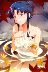 Rule 34 | 1girl, autumn leaves, bathing, blue eyes, blue hair, blush, feet out of frame, fujiwara aya, half updo, holding, holding leaf, leaf, long hair, looking at viewer, naked towel, non-web source, official art, onsen, partially submerged, photoshop (medium), rock, seductive smile, sidelocks, sitting, smile, solo, super real mahjong, tanaka ryou, towel, water, wet