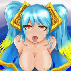 Rule 34 | 1girl, blue hair, breasts, cleavage, cropped, female focus, hair ornament, large breasts, league of legends, looking at viewer, lowres, mileuda, nail polish, open mouth, solo, sona (league of legends), tagme, tongue, tongue out