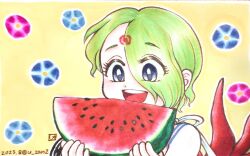 Rule 34 | 1girl, :d, blue eyes, breath of fire, breath of fire v, dated, facial mark, food, fruit, green hair, hair over one eye, nina (breath of fire v), open mouth, red wings, short hair, shuri n, smile, solo, tattoo, watermelon, wings