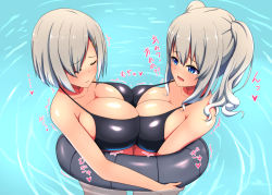 Rule 34 | 10s, 2girls, bad anatomy, bad id, bad pixiv id, bikini, black bikini, blue eyes, breast press, breasts, closed eyes, eyes visible through hair, hair ornament, hair over one eye, hairclip, hamakaze (kancolle), highres, kantai collection, kashima (kancolle), large breasts, multiple girls, open mouth, short hair, silver hair, swimsuit, symmetrical docking, tekito wani, translation request, twintails, water, wavy hair