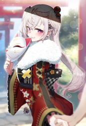 Rule 34 | 1girl, absurdres, black kimono, blurry, blurry background, blurry foreground, blush, braid, ear piercing, earrings, floral print kimono, fox mask, frilled sleeves, frills, from side, grey hair, hair ornament, heart, heart-shaped pupils, highres, holding, holding hands, holding mask, indie virtual youtuber, japanese clothes, jewelry, kimono, long hair, mask, mole, mole under eye, multicolored clothes, multicolored kimono, piercing, pointy ears, purple eyes, red kimono, sui hi sf, symbol-shaped pupils, torii, tsukishima cross, unworn mask, virtual youtuber, wide sleeves, x hair ornament
