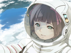 Rule 34 | 00s, 1girl, amami haruka, artist request, astronaut, brown hair, earth (planet), green eyes, hair ribbon, idolmaster, idolmaster (classic), non-web source, open mouth, planet, ribbon, short hair, smile, solo, spacesuit