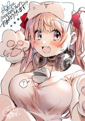 Rule 34 | 1girl, :3, :d, ?, absurdres, animal hands, blush, bow, breasts, cleavage, copyright request, dated, fang, geshumaro, gloves, grey eyes, hair bow, hat, highres, large breasts, legs together, looking at viewer, milestone celebration, open mouth, paw gloves, pink shirt, red bow, shirt, signature, smile, solo, spoken question mark