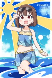 Rule 34 | 1girl, 2021, :d, arm up, bare arms, bare shoulders, bikini, black-framed eyewear, blue camisole, blue skirt, blue sky, blush, brown hair, camisole, cloud, collarbone, commentary request, crop top, day, eyewear on head, hozuki momiji, looking at viewer, midriff, navel, nekotoufu, official art, onii-chan wa oshimai!, open mouth, outdoors, red eyes, skirt, sky, smile, solo, standing, standing on one leg, summer, sun symbol, sunglasses, sunglasses on head, swimsuit, water, wrist cuffs