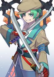Rule 34 | 1boy, arm belt, belt, blue eyes, blue pants, brown headwear, brown jacket, cabbie hat, collarbone, dual wielding, durandal (tales), fingerless gloves, gloves, green hair, grin, hat, highres, holding, holding sword, holding weapon, jacket, light particles, long sleeves, male focus, nyagaichi, pants, partially unbuttoned, popped collar, puffy sleeves, red gloves, shirt, short hair, smile, spada belforma, sword, tales of (series), tales of innocence, weapon, white shirt