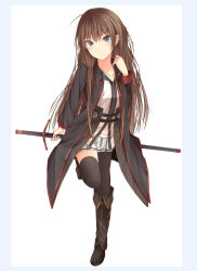 Rule 34 | 1girl, black footwear, black thighhighs, blue eyes, boots, full body, hair between eyes, highres, holding, holding weapon, kanpyo (hghgkenfany), knee boots, leg lift, leg up, long hair, long sleeves, looking at viewer, original, pleated skirt, shoes, simple background, skirt, solo, standing, standing on one leg, thighhighs, weapon, white background