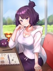 Rule 34 | 1girl, absurdres, breasts, cleavage, fate/grand order, fate (series), hair bun, hair ornament, hairpin, highres, holy grail (fate), katsushika hokusai (fate), looking at viewer, medium breasts, purple eyes, purple hair, sitting, smile, solo, tank top, teeth, window, zet (twt zet)