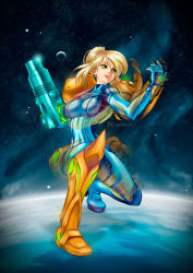 Rule 34 | 1girl, absurdres, arm cannon, artist name, blonde hair, blue bodysuit, bodysuit, breasts, closed mouth, covered navel, female focus, full body, green eyes, hair tie, hands up, high heels, highres, kawaindex, lips, medium breasts, metroid, mole, mole under mouth, nintendo, planet, ponytail, samus aran, sky, smile, solo, space, squatting, star (sky), starry sky, transparent, watermark, weapon, web address, zero suit